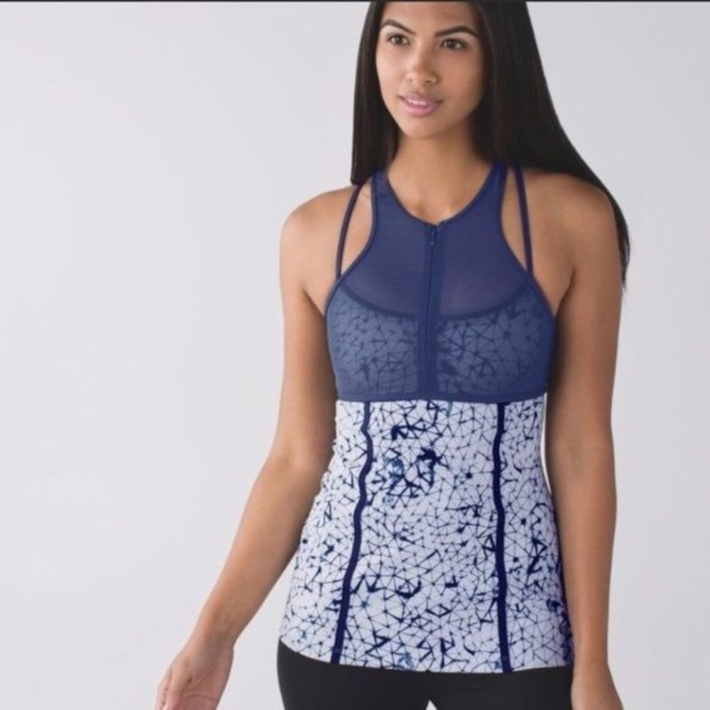 LULULEMON Womens Tank Top Pedal Pace Star Crushed Navy Blue 4? Luxtreme Mesh Zip